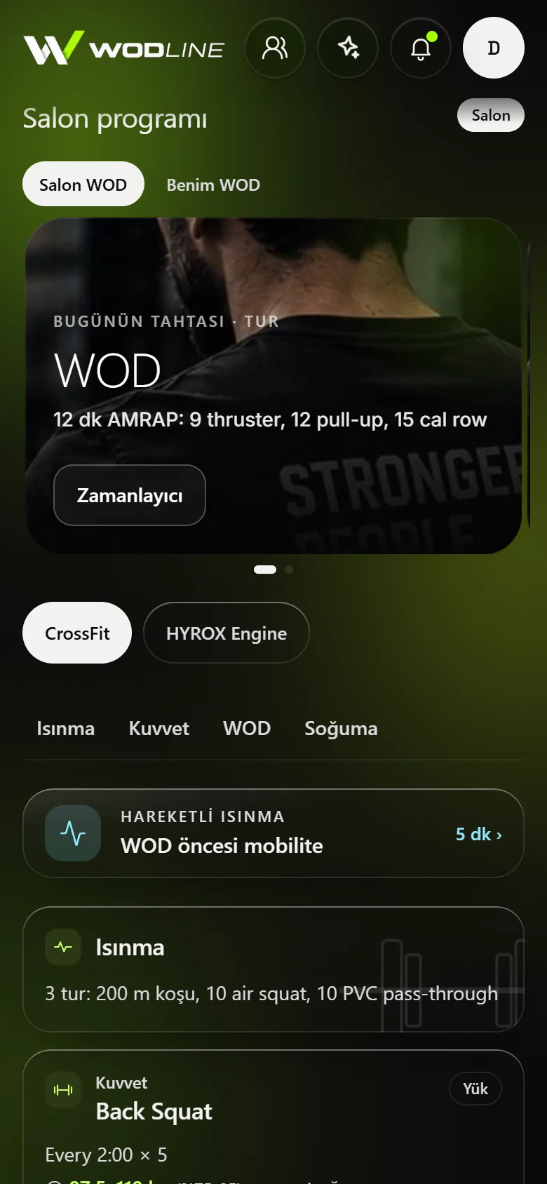 Üye uygulaması, antrenman