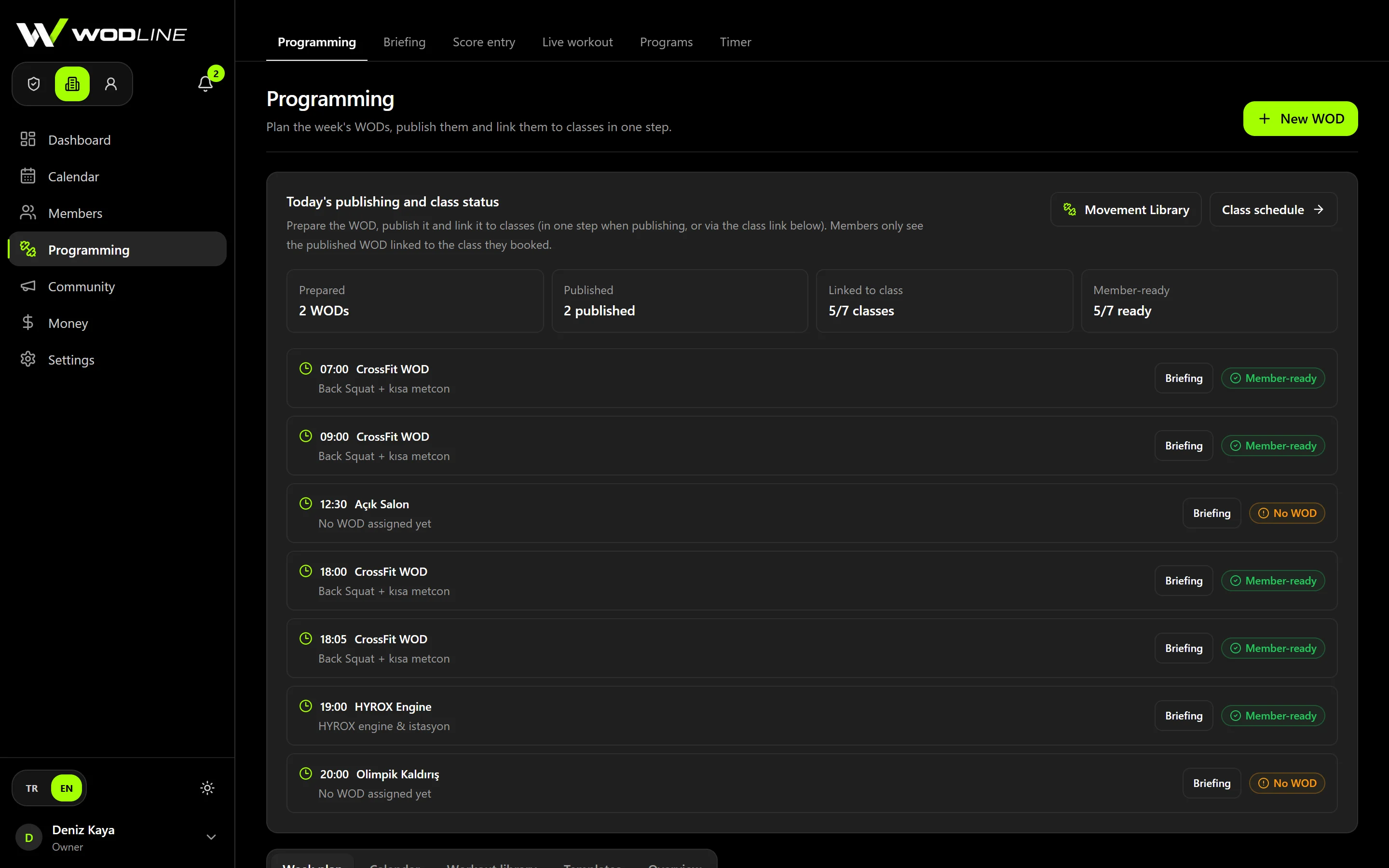 WOD plan screen