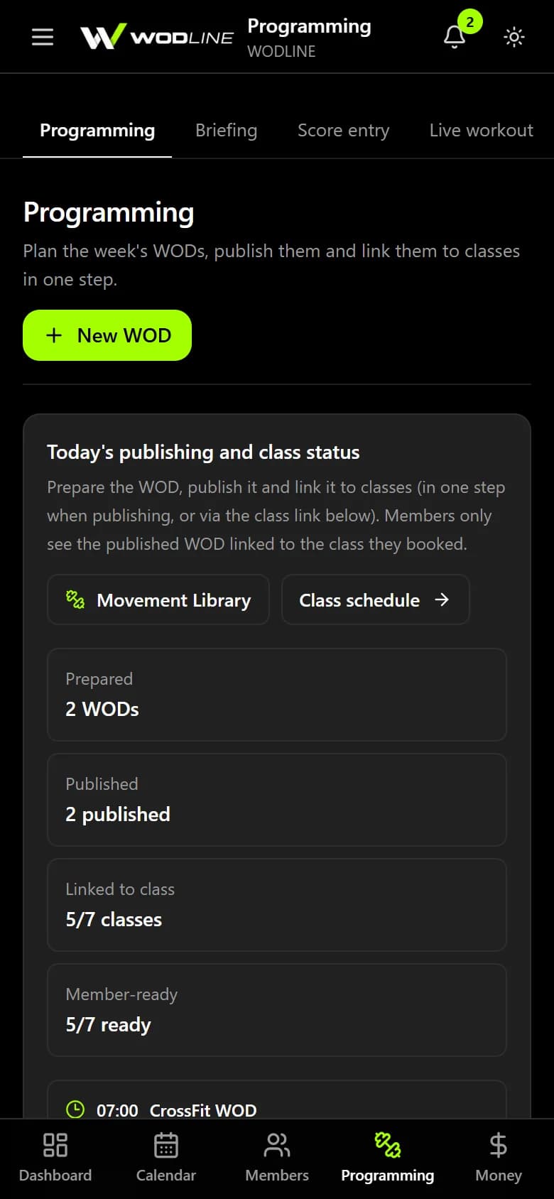 WOD plan screen