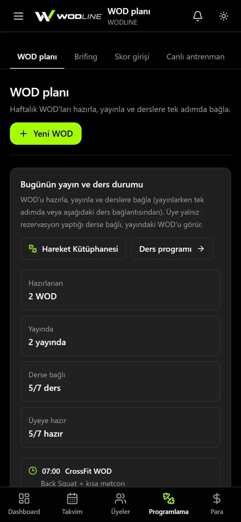 WOD planı ekranı